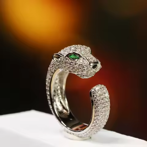 Designer Collection Style Open Ring Women Lady S925 Silver Paved Cubic Zircon Plated Gold Color Leopard Panther Head Jewelry
