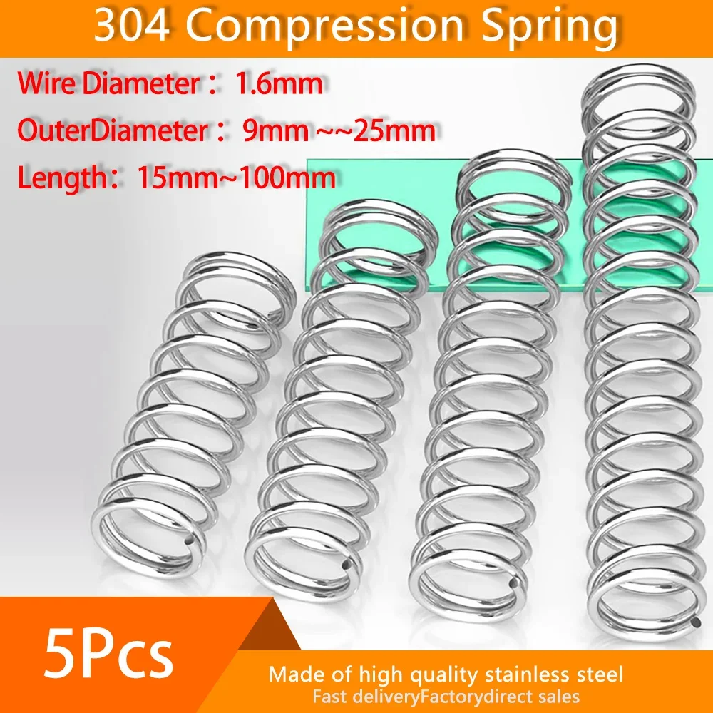 5Pcs 304 Stainless Steel Compression Spring Diameter 1.6mm Cylindrical Coil Return Springs Pressure Spring Diameter 9mm to 25mm