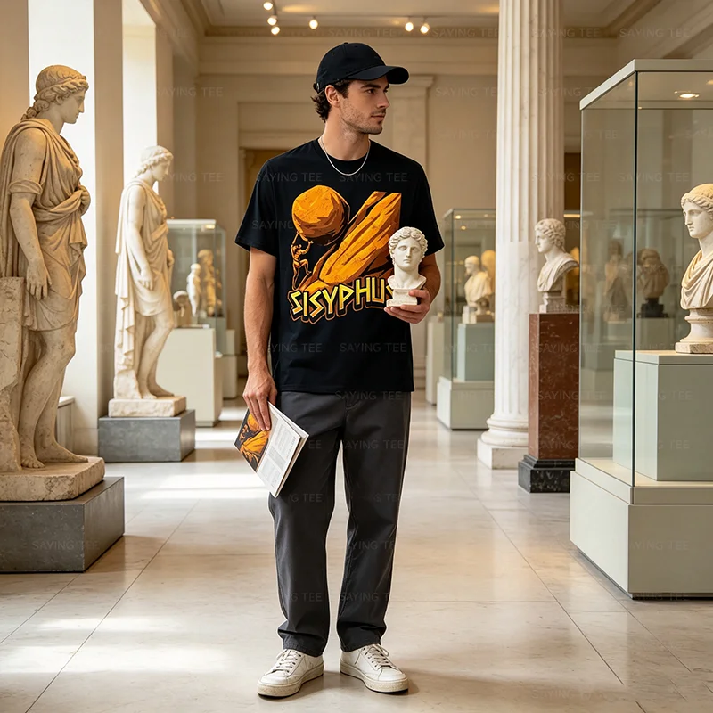 Sisyphos Pushes Boulders Man Muss Sich Vorstellen Sisyphos Glücklich T-Shirt Y2k Absurdism Philosophy Graphic Cotton Tee Clothes