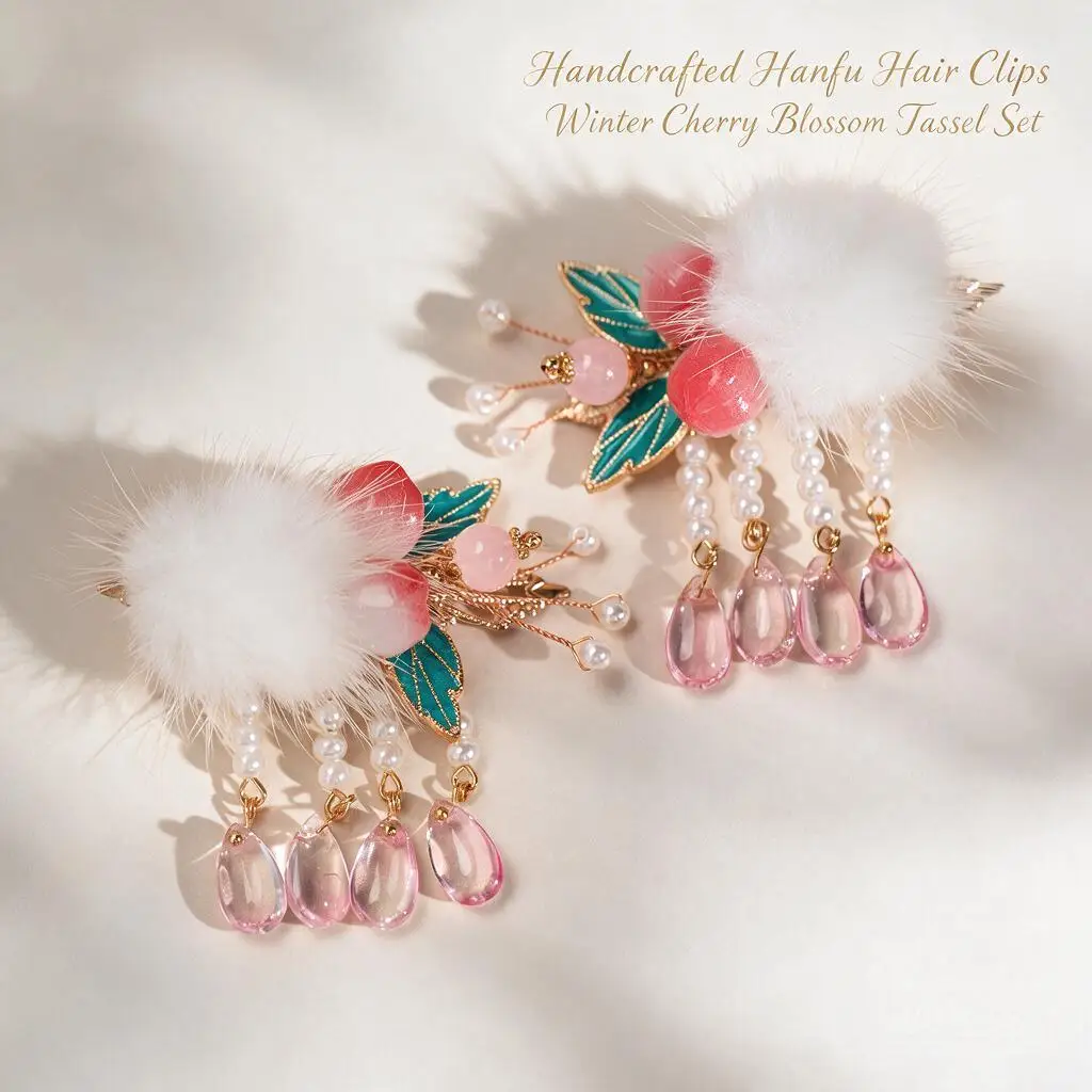 Hanfu Hair Clips 2pcs Vintage Chinese Fluffy White Fur Pom Pom Peach Pearl Tassel Teardrop Charm Hair Accessories For Girls Kids