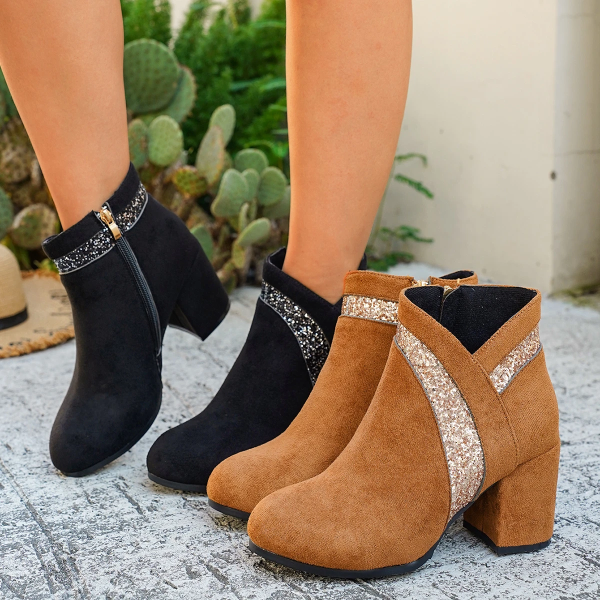 Retro Wildleder-Stiefeletten mit Nieten und Blockabsatz für Damen, Winter 2026, Modische Quadratische Absätze, Seitenreißverschlüsse, Elegante Damenstiefel