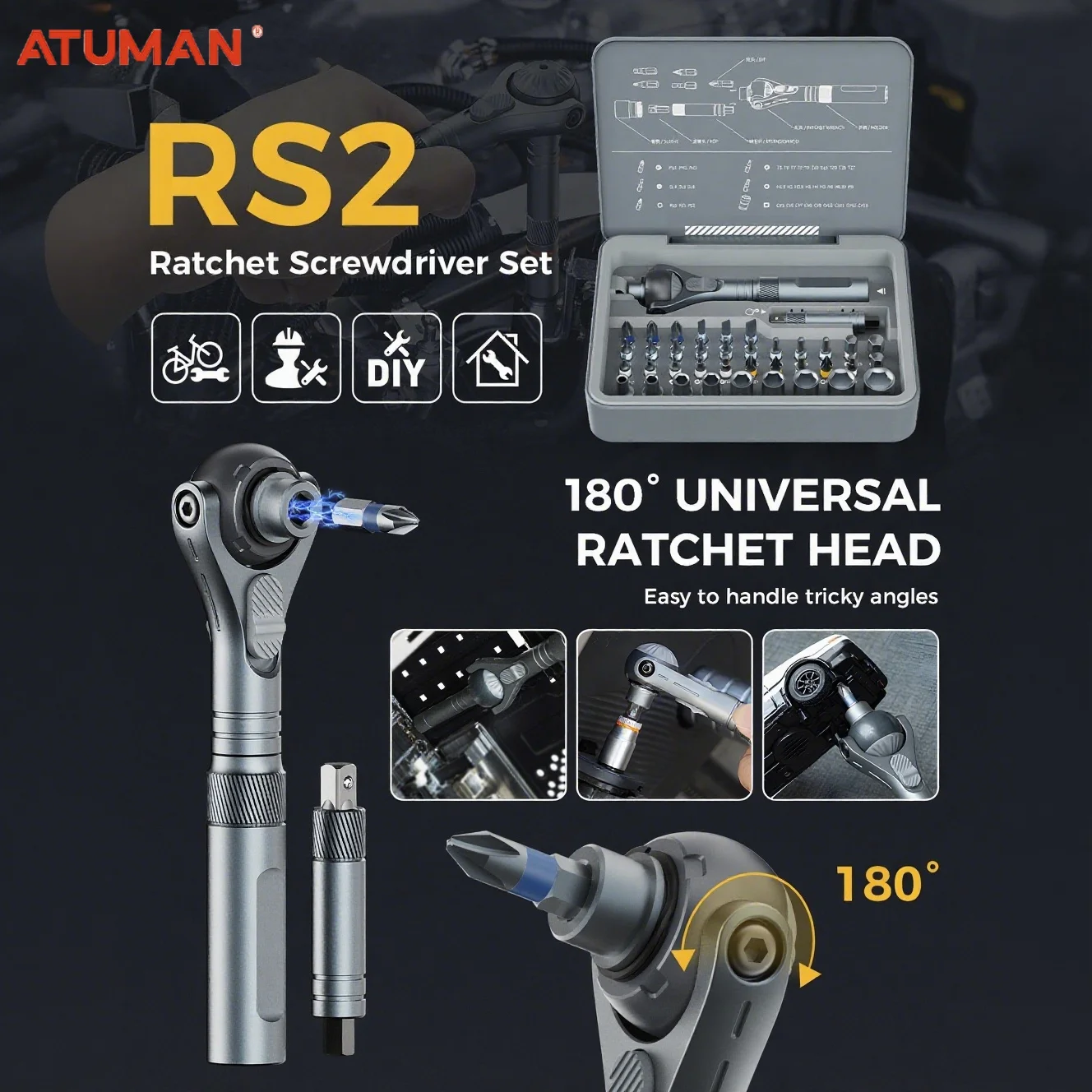 ATuMan RS2 40-in-1 Screwdriver Set, Magnetic Multi Ratchet Screwdriver Set 1/4 with 45 Teeth for Gadgets/Homes/Machines