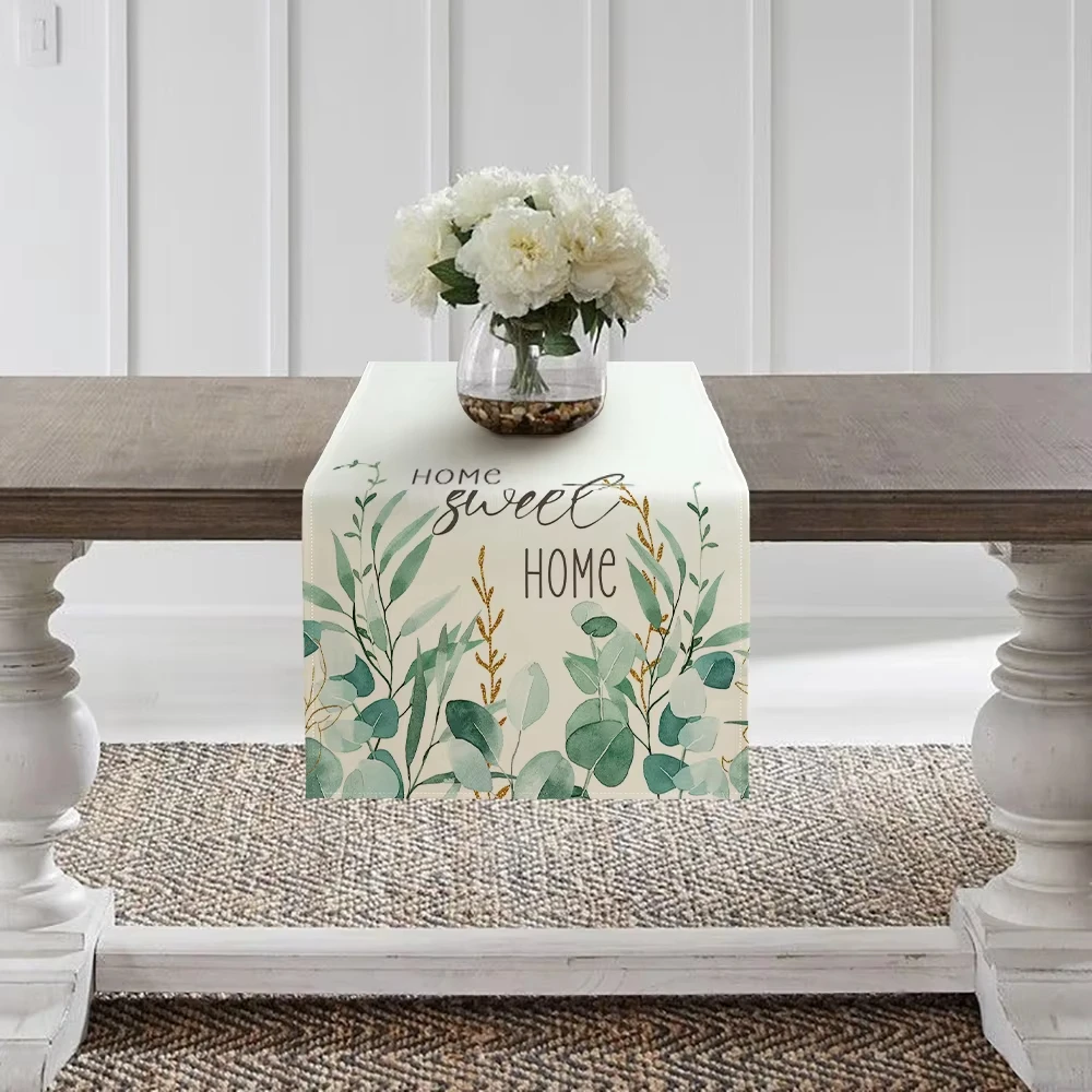 Spring Green Eucalyptus Table Runner Leaf Pattern, Welcome Ink Decor for Home Cabinets and Party Setting