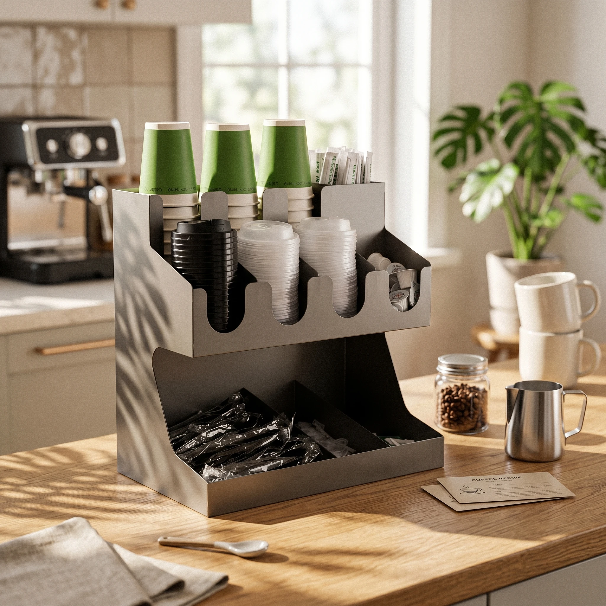 Two-Tier Storage Rack Vertical Dividers Coffee Shop Supply Rack Cup and Straw Organizer Rounded Cut-out Openings for Baristas