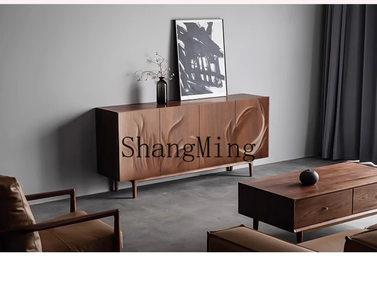 ZYH solid wood entrance cabinet retro side cabinet black walnut color living room large capacity storage cabinet