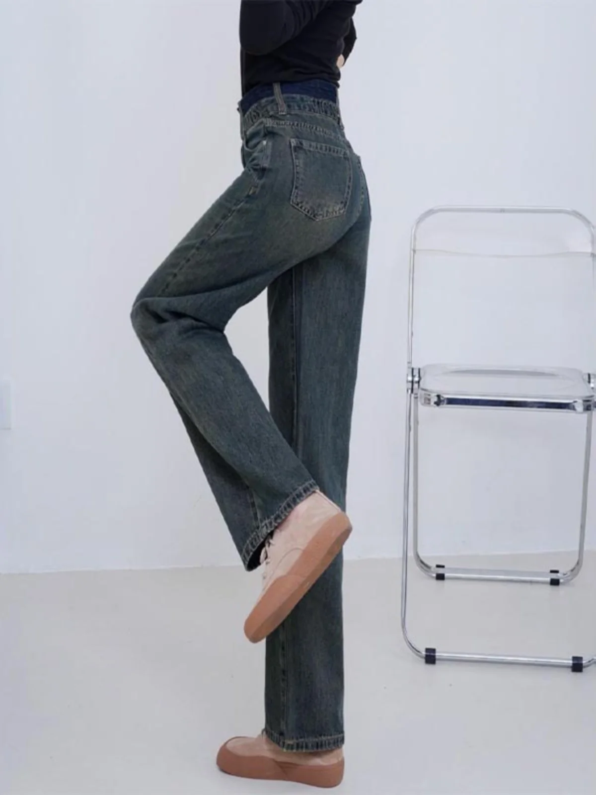 High Waist Wide Leg Jeans Women's Spring Summer New Faion Loose Slim Splicing Letter Straight Cut Jeans Cotton Polyester Blend