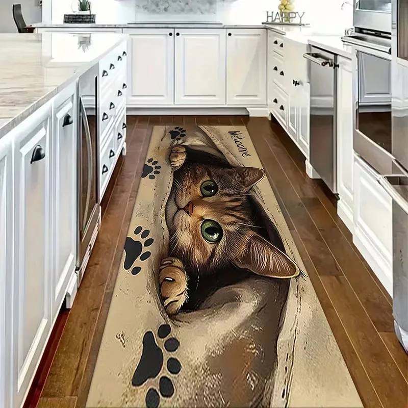 Vintage Welcome Cat Runner Rug Soft Long Floor Mat Retro Kitten Paw Hallway Kitchen Bedroom Entryway Pet Home Decor Indoor Rug