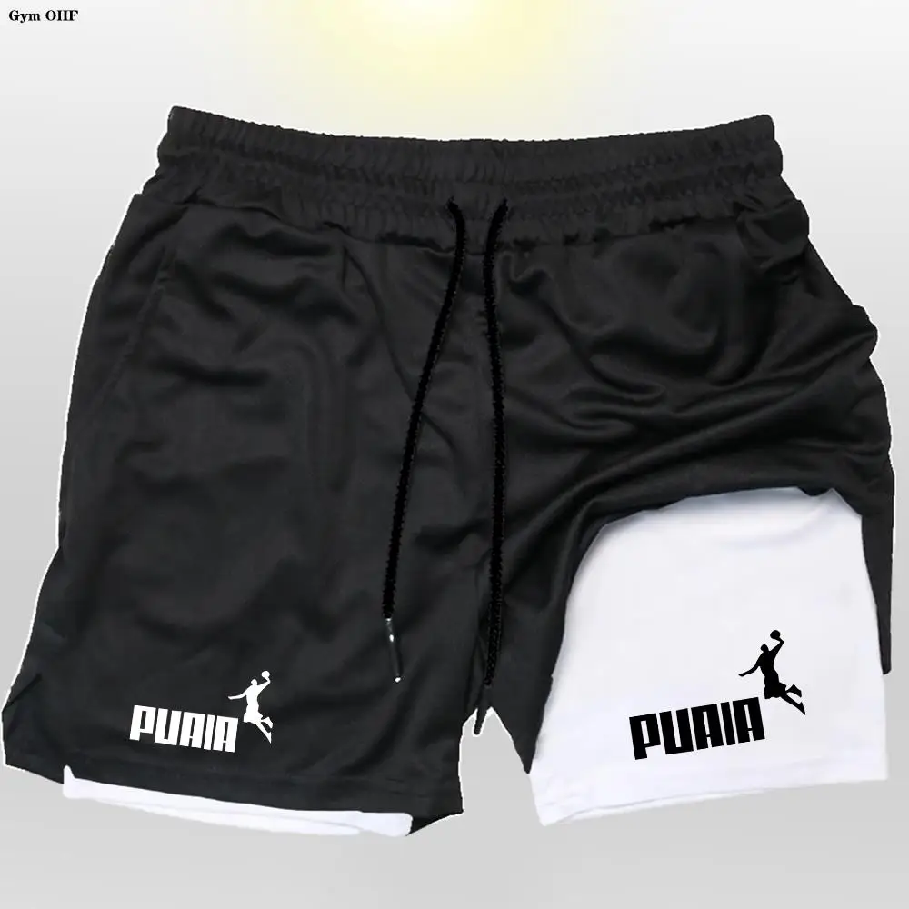 2 in 1 Shorts For Men Sports Fitness Puai Print Double Layer Gym Workout Running Training Short Pants Mens