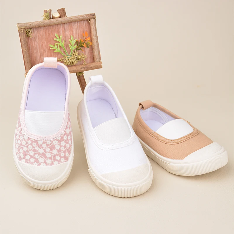 Spring Little Girls Lovely Pink Flower Printed Flat Canvas Shoes Kids Slip-on White Blank Daily Casual Walking Shoes EK9S43