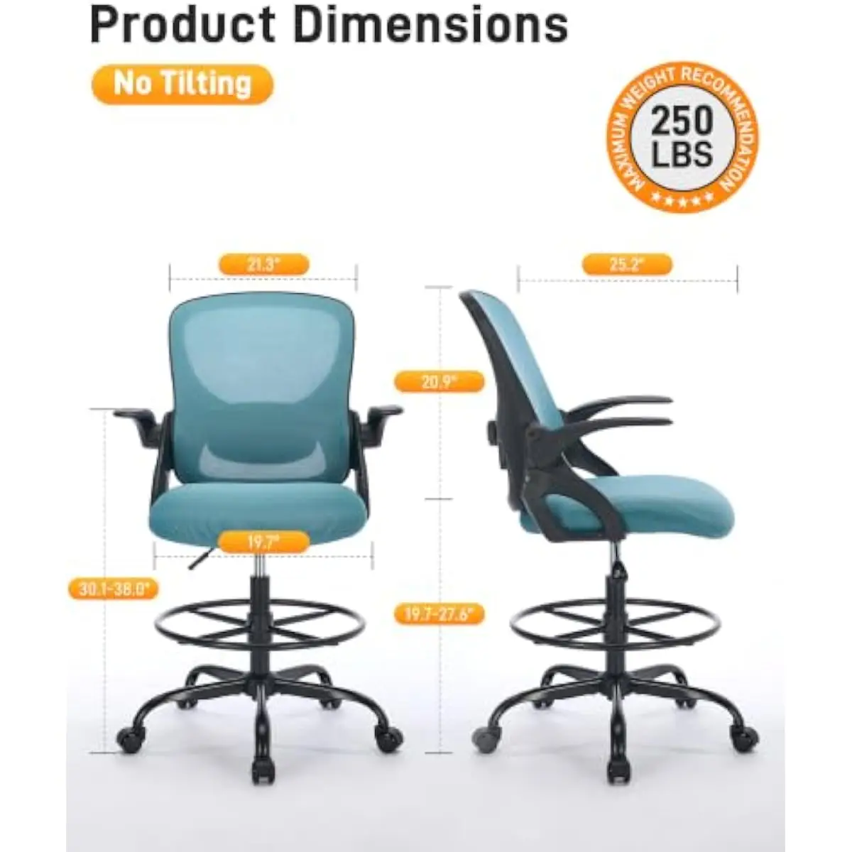 Ergonomic Drafting Chair with 4D Adjustable Backrest, Sit-Stand Height Range 19.7–27.6 Inches, Flip-Up Armrests, BIFMA-Certified