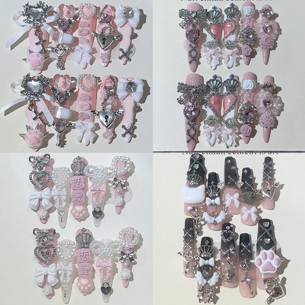 

Heavy Metal Pink Series Handmade Long Stiletto Coffin Press On Nails Bowknot Pearl Rhinestone Cat Claw Wing Flower Fake Nails
