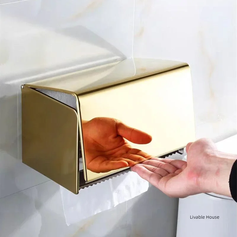 

304 Stainless Steel Roll Paper Rack Toilet Paper Box Phone Holder Waterproof Paper Towel Holder Bathroom Golden Tissue Box