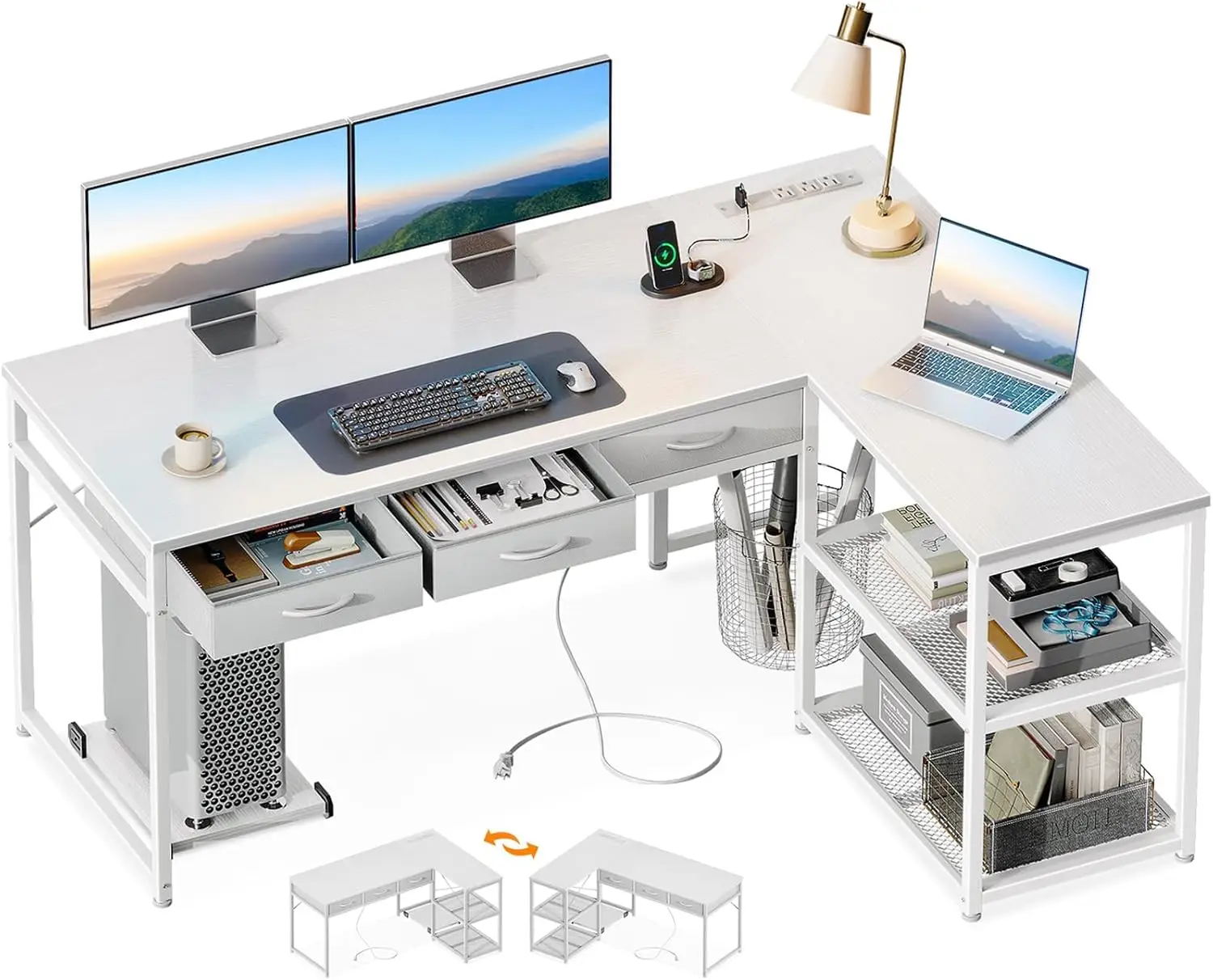 53 Inch L Shaped Computer Desk with Drawers, Corner Desk with Power Outlets & Reversible Storage Shelves, Movable CPU Stand for