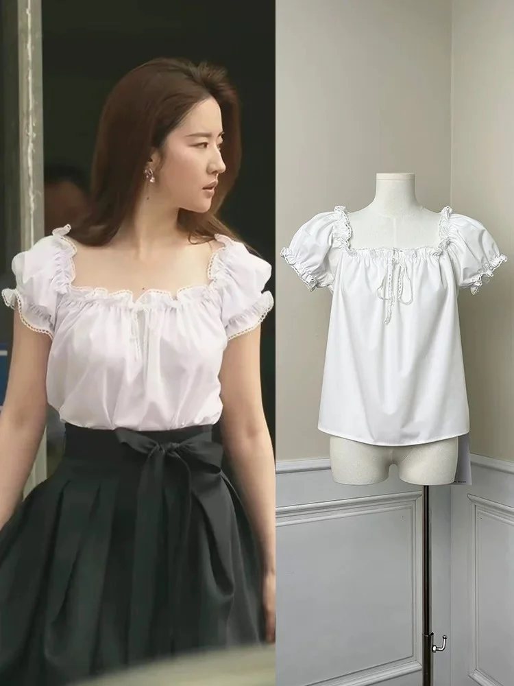 

Rouge Story Square Collar Lace Trim Shirt Women's Versatile Slimming Top Black Skirt Summer Set French Style Loose Fit S...