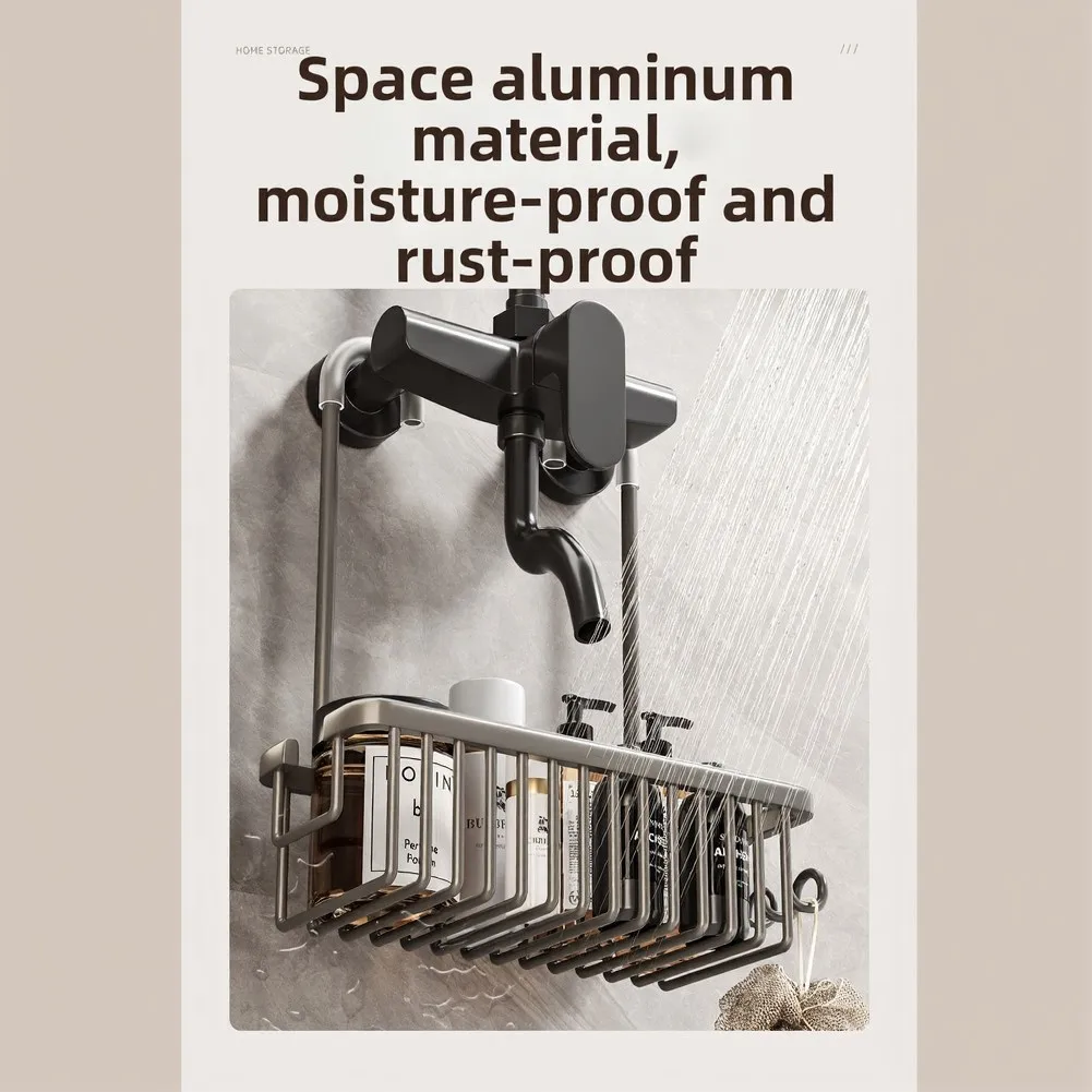 Shower Shelf for Hanging Shower Basket with Aluminum Build No-Drill Mount and Optimized Layout for Common Shower Products