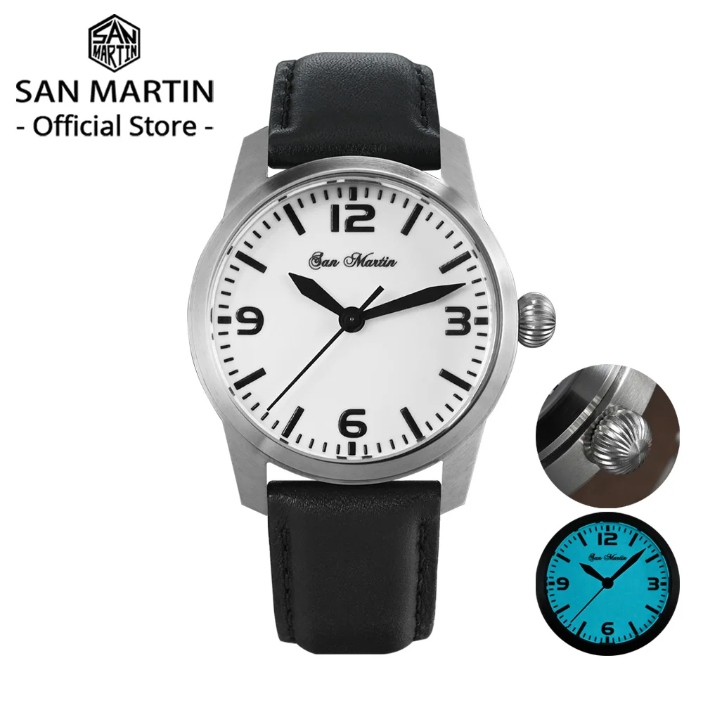 

San Martin 38 мм пилотные военные простые мужские часы YN55 автоматический механический браслет из нержавеющей стали 10 бар водонепроницаемые светящиеся