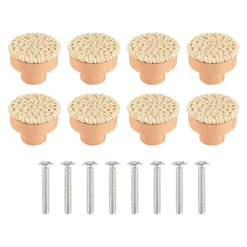 ABWR-8PCS Boho Rattan Dresser Knobs Wood Drawer Knobs Handmade Woven Wicker Knobs Pull Handle For Cabinet Home Decor