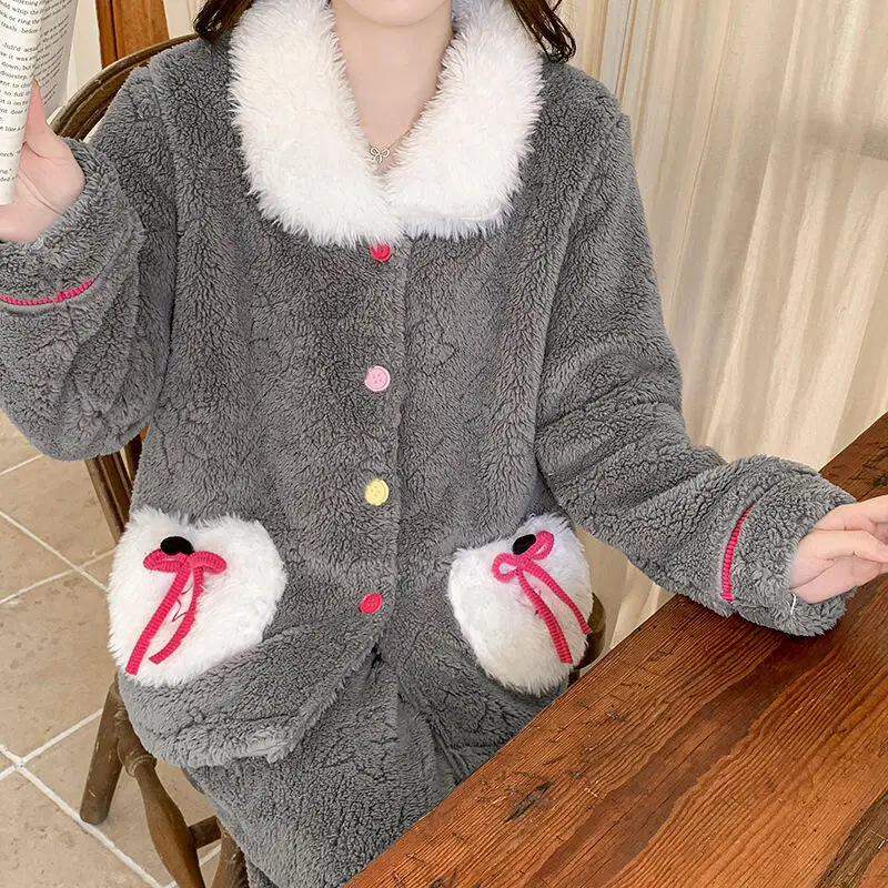 

Winter Coral Fleece Women's Pajama Set Cute Soft Sticky Sleepwear New Fleece-Lined Nightwear Thicken Keep Warm Kawai Homewear
