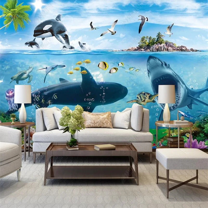 Modern Minimalist 3D Underwater World Shark Whale Children\'s Room Custom Wallpaper For Kids Room Decor Mural Aquarium Wall Paper