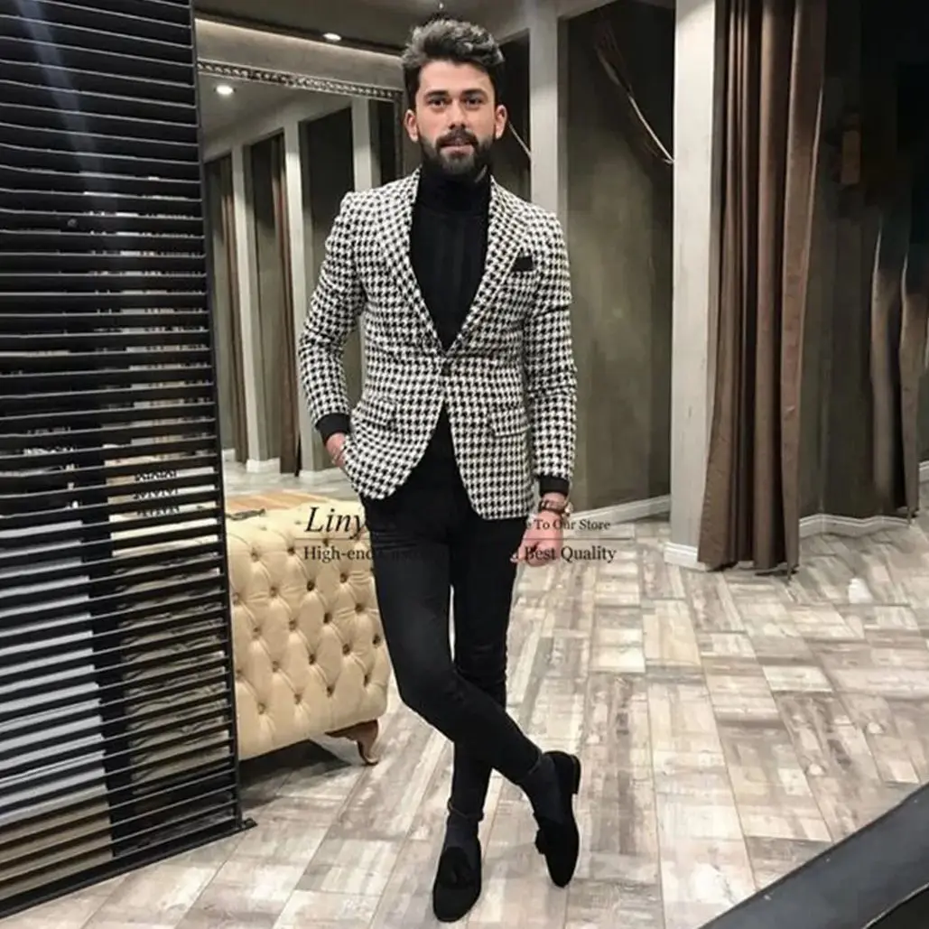 

Houndstooth Mens Suit Casual Business Slim Fit Blazer Male Winter Prom Groom Wear Tuxedo 2Piece Set Trajes Elegante Para Hombres