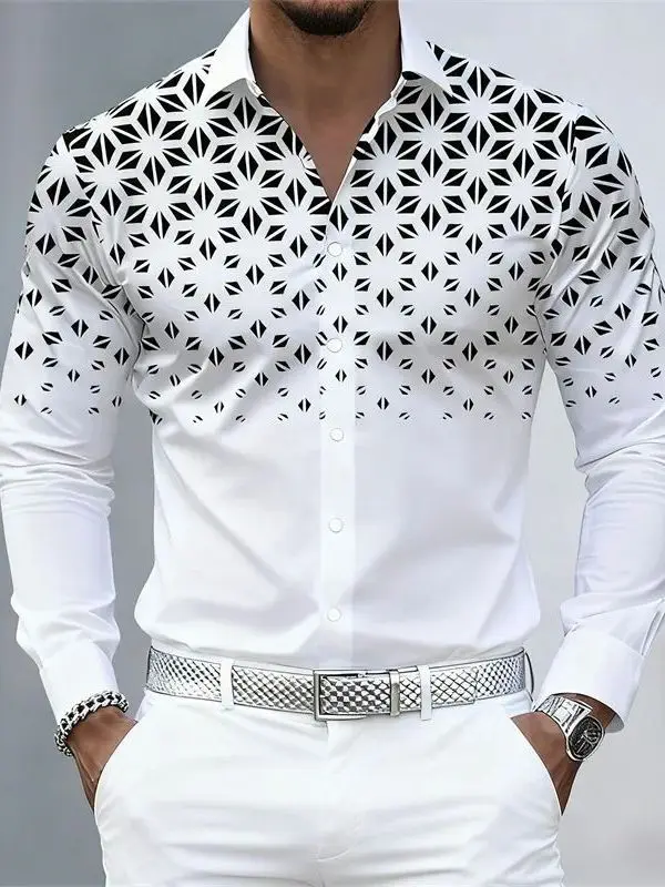 

Single Breasted Color Blo Printed irt Long Sve Faion Urban Men's Ne Regular Fit Polyester Fiber Deformable