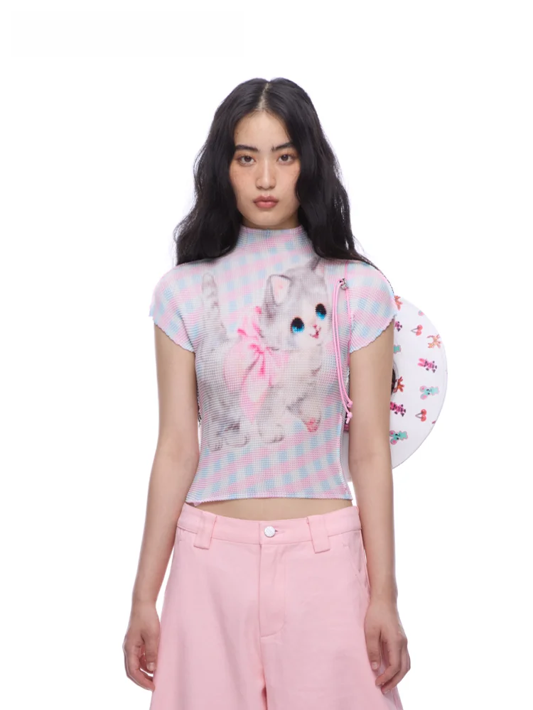 

Розовая клетчатая футболка MOF Girl с коротким рукавом и принтом, приталенная, с линейным узором, летний топ для женщин