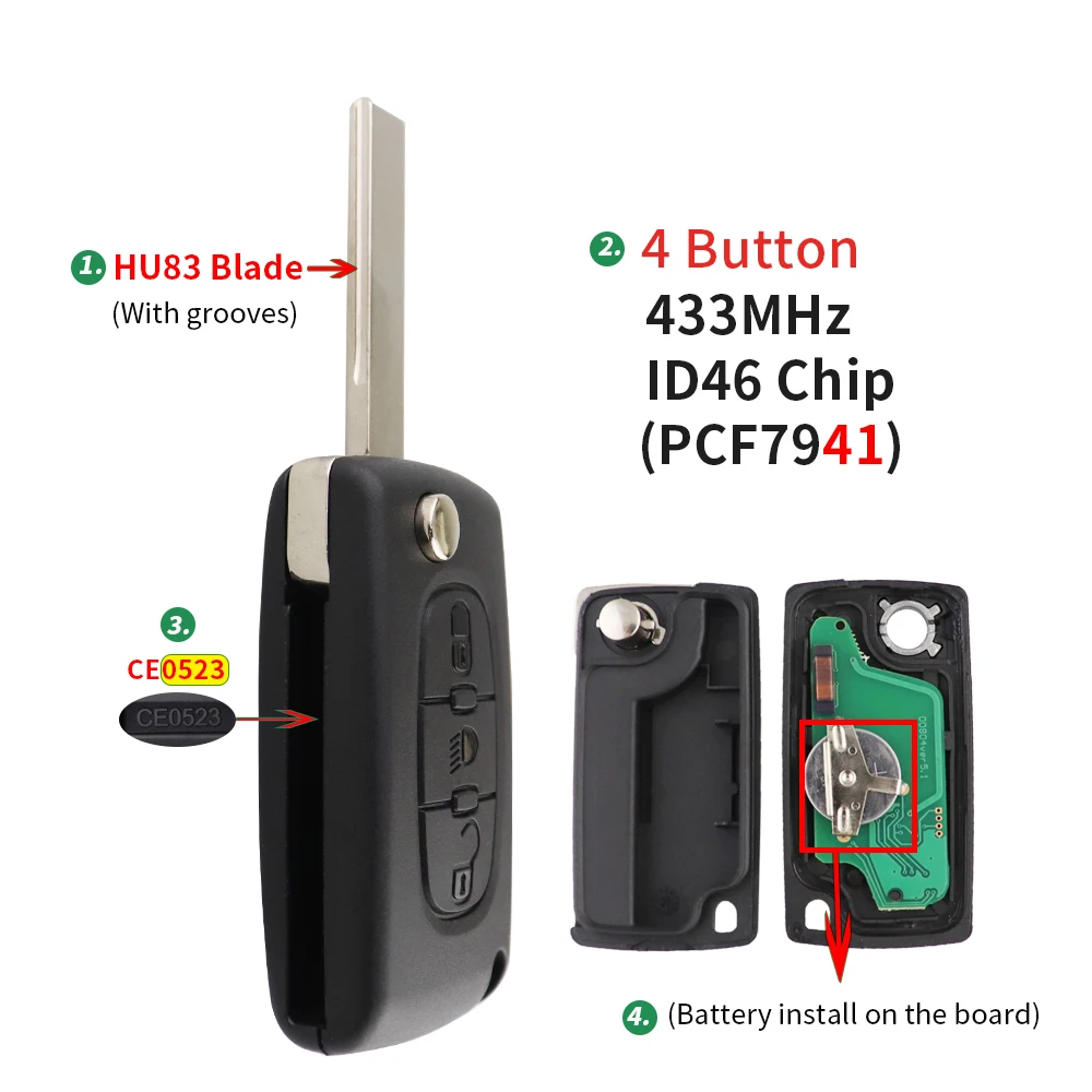 4 botones 433Mhz ID46 PCF7941 Chip Flip llave de coche remota para Peugeot 807 1007 para Citroen C8 2002-2014 VA2/HU82 Blade CE0523 ASK