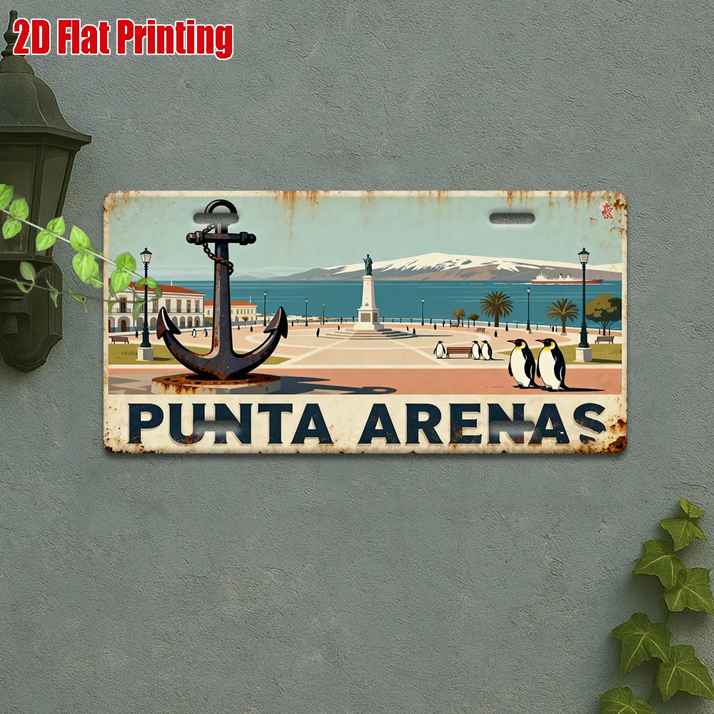 Chile Penguin Anchor Vintage Metal License Plate Tin Sign 2D Flat Printing City Landscape Wall Decor Travel Souvenir