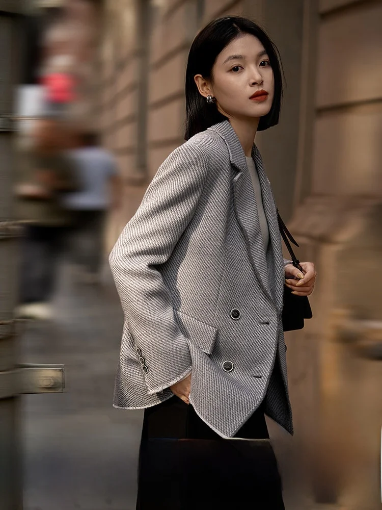 Spring New Arrival Women's Woolen Tweed Suit Jacket Commute Style Long Sleeve Double Breasted Coat Xhange Fashion Brand