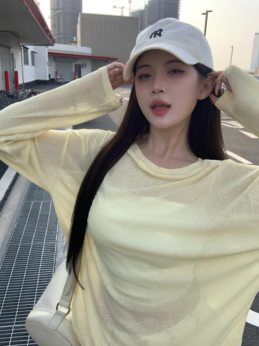 المرأة الصيف انظر من خلال الحرير الجليد طويلة الأكمام س الرقبة فضفاضة تي شيرت سيدة عادية بلون البلوز الشمس واقية محبوك تي شيرت