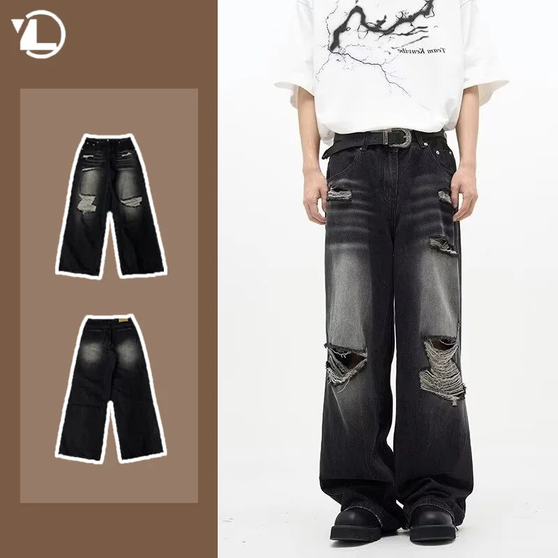 

American Street Men Jeans 2024 Black Distressed Hip-hop Wide Legs Denim Pants High Waisted Washed Straight Leg Cowboy Trousers