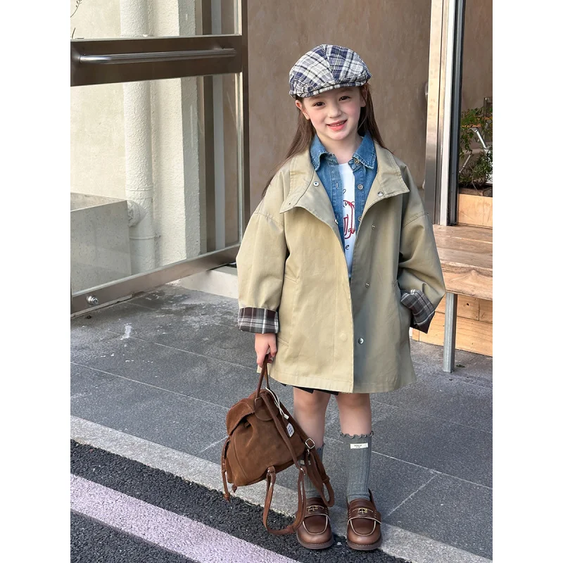 Girls' Spring and Autumn New Korean Style Mid-Length High-Quality High-Density Combed Bamboo Twill Cotton Trench Coat2Years