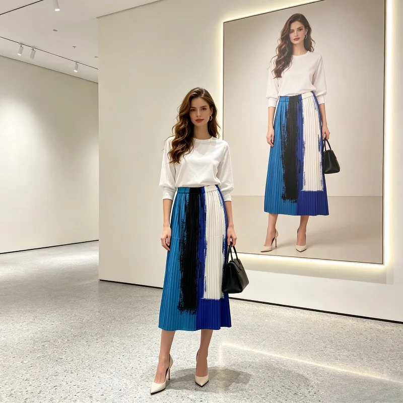 Miyake Pleated Skirt Summer High-End Vacation Style Color-Block Print Pleated High-End Elegant Versatile Back Slit Long Skirt