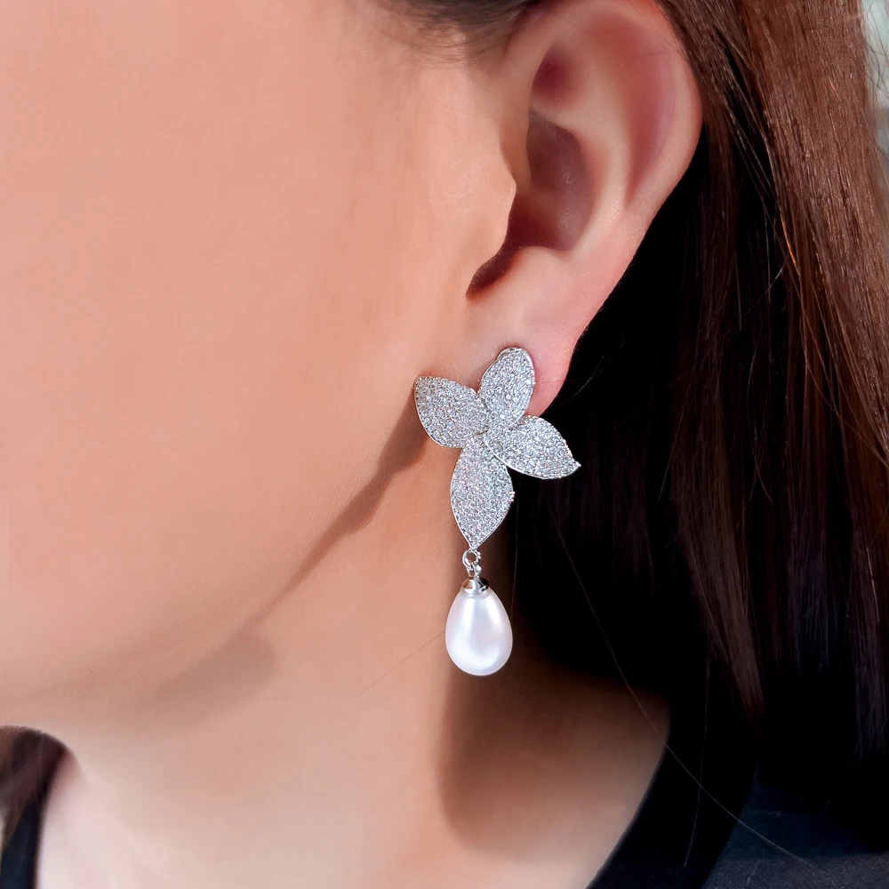 CWWZircons White Cubic Zirconia Long Dangle Water Drop Clip On Non Piercing Wedding Party Bridal Earrings Without Ear Hole CZ917 — zdjęcie 4