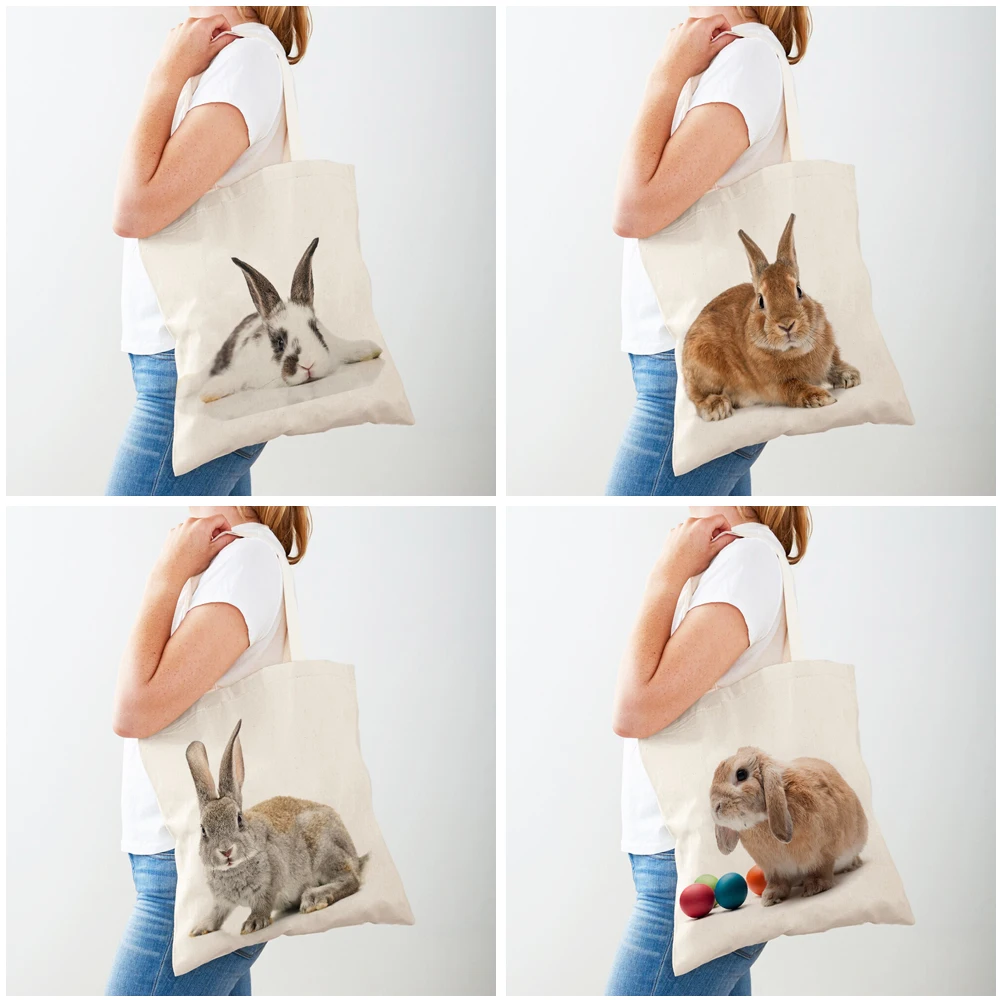 Bolso de compras informal con estampado de conejo para mujer, bolso de mano de viaje con estampado de ambos lados, de lona reutilizable, a la moda, con animales salvajes