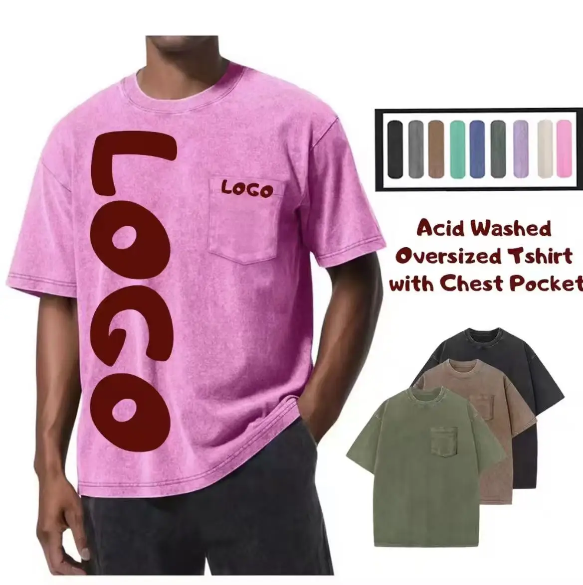 Men's large-sized short-sleeved T-shirt in vintage washed cotton fabric with pockets, casual and loose fit, round neckline, suit