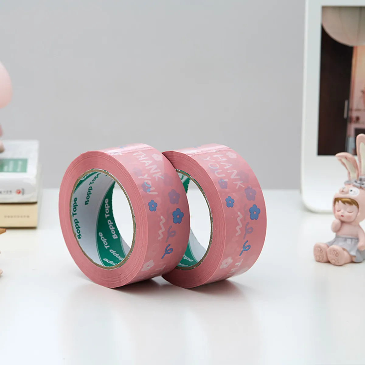 1 Roll of 4.5Cm*100M Pink Flower Thanksk You Tape, Thank You Gratitude Cartoon Sealing Tape, Self-Adhesive Gift Bag Carton Packaging Tape