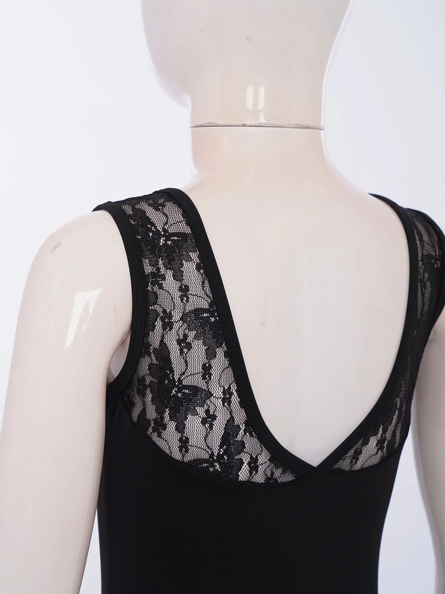 エレガントなキッズガールノースリーブ V バック花柄レースパッチワークダンスドレスバレエ練習パフォーマンス競技衣装パーティー着用