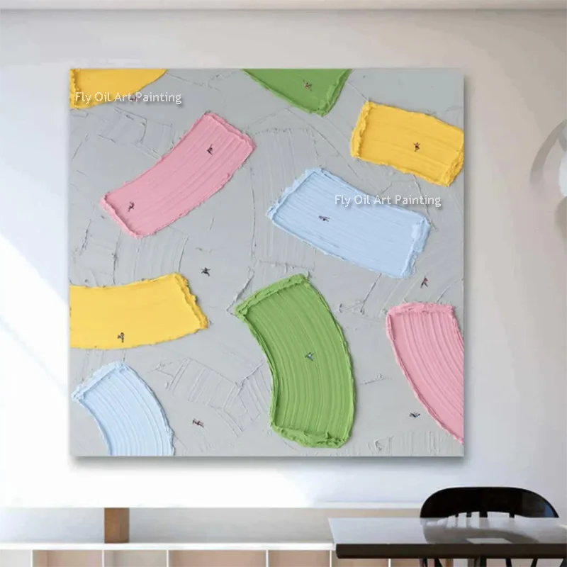 Handmade Pink Knife Thick Canvas Wall Art New Simple Design Yellow Green Gray Oil Painting For Home Hall Decor Abstract Large Ar