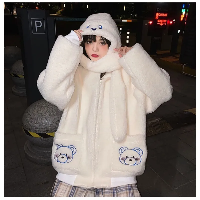 

Женские пушистые куртки Kawaii для японских студентов, осень-зима, свободное пальто из искусственного меха с капюшоном, милая куртка с вышивкой медведя в стиле каваи