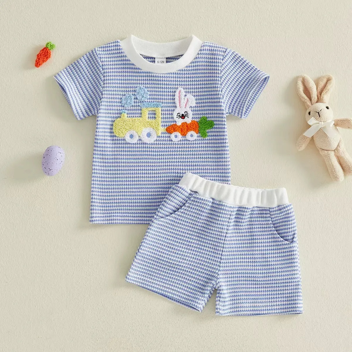 Ready To Ship New Toddler Easter Carrot Car Rabbit Print Short Sleeve T-shirt with Casual Elastic Shorts Boys Set