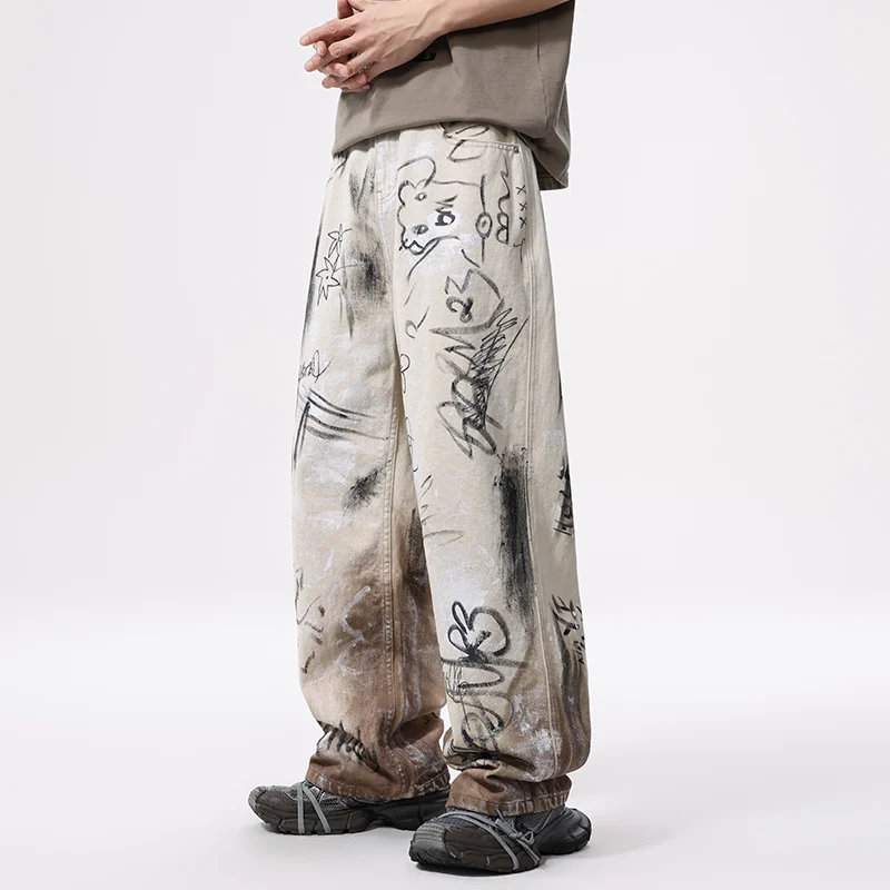 Celana jins pria, celana jins Denim longgar kasual Hip Hop, celana jins Streetwear mode, celana Graffiti jalanan Amerika