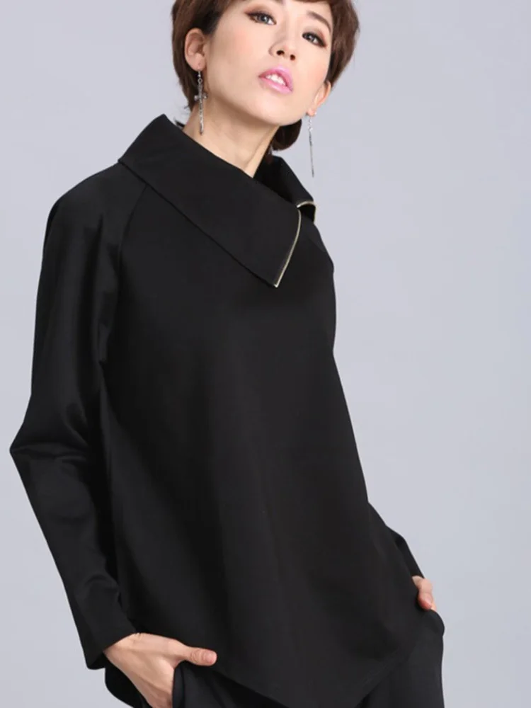 [EAM] Women Black Zipper Irregular Big Size Casual T-shirt New Turtleneck Long Sleeve Fashion Tide Spring Autumn 2024 OA882