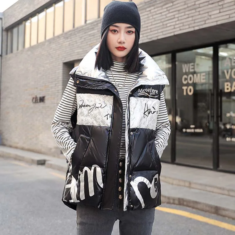 2022 Down Vest Jacket Women Autumn Winter Patchwork Letter Print Stand Collar White Duck Down Waistcoat Lady Outerwear Tank Tops