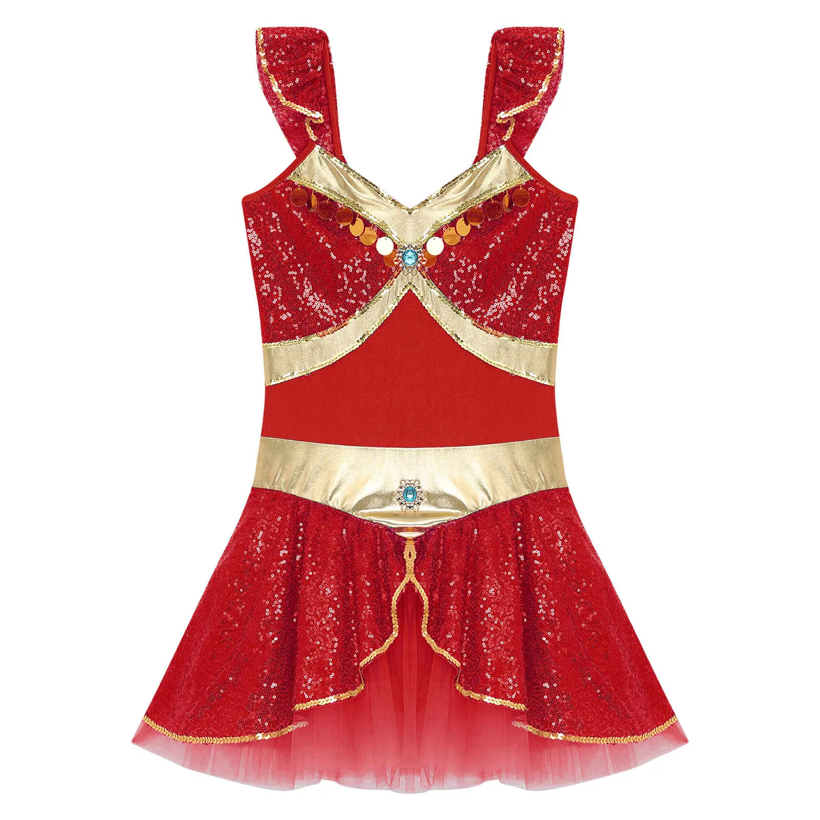 Justaucorps de ballet de princesse arabe pour femme, robe de danse à manches volantes, costume de cosplay LYus, robe de soirée à thème, paillettes et pierres précieuses, Halloween