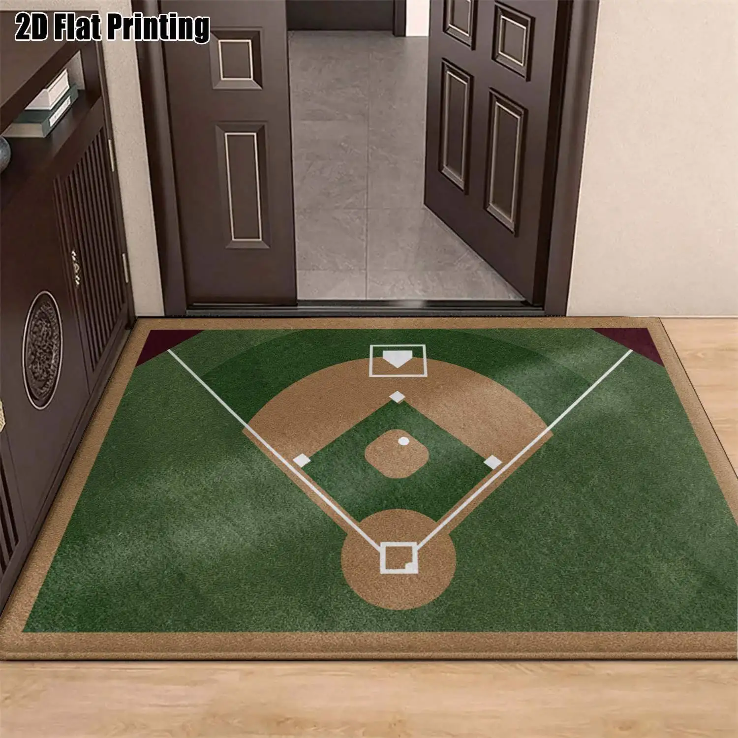 1Pc 2D Printed Carpet: Green Brown Geometric Baseball Field Carpet, Nordic/Vintage/European Style, Modern Simple Home Decor, Multi-Size, Machine Washable, for Entrance, Dining Room, Foyer, Bedroom, Living Room