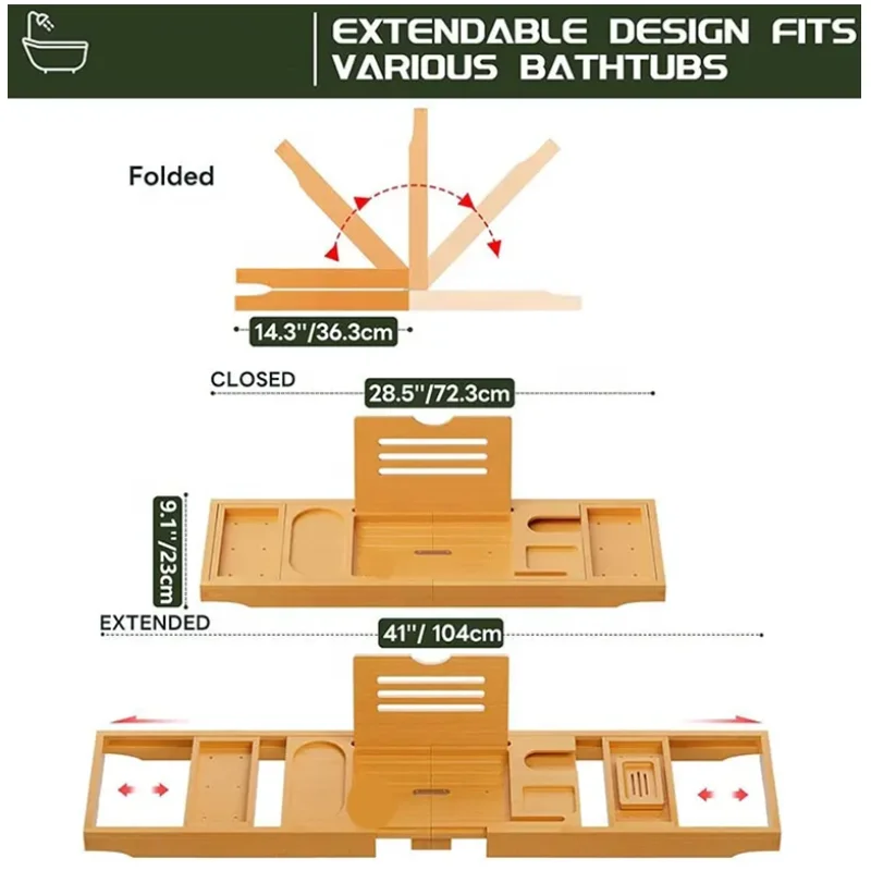 Luxury Bamboo Bathtub Tray Foldable Bath Tub Caddy Table Shelf Bathroom Accessories for Books Tablets Wine Spa Essentials