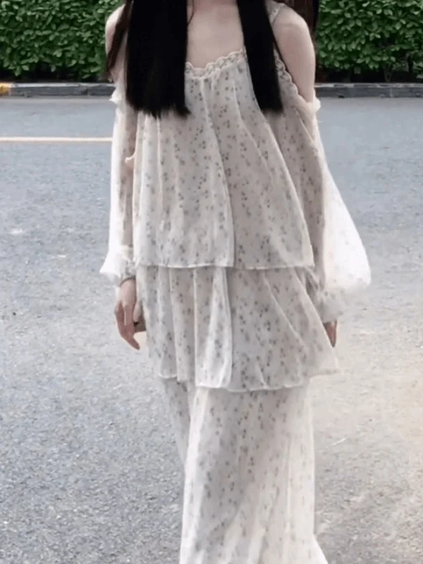 Holiday Floral Print oulder Bared Dr Women's mid Length a Line Skirt Casual Sle High Waist Summer Season Long Sve