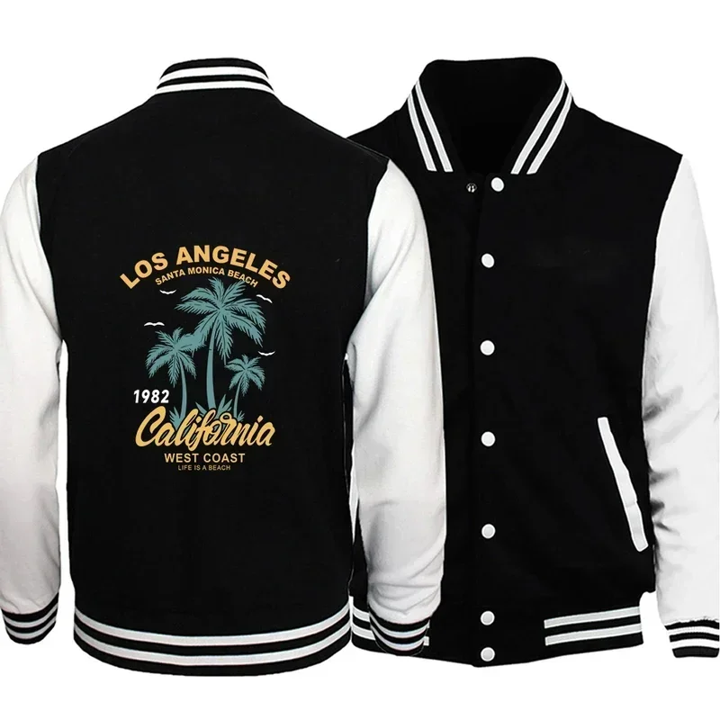 Los Angeles 1982 California West Coast Santa Monica Beach Print Jacket Casual Men Baseball Suit Loose Warm Coat Neutral Tops