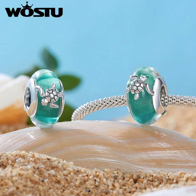 WOSTU Platinum Plated Ocean Jewelry DIY Charms, Sea Turtle Green Murano Beads Blue Shell Starfish Beads Fit Original Bracelet